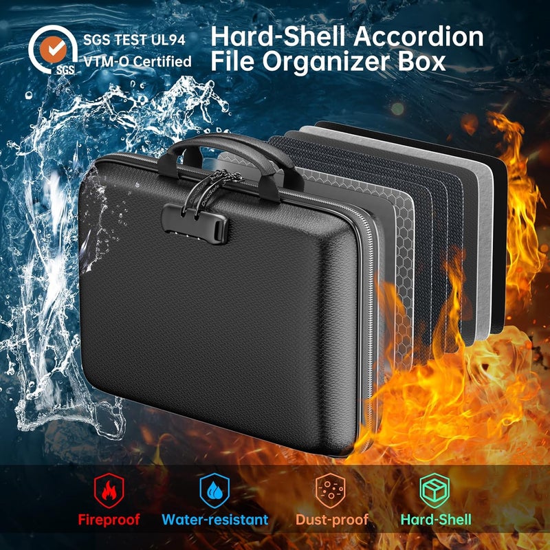 DocSafe Fireproof File Organizer with Lock, Hard-Shell Case Fireproof Document Box with 13 Pocket Accordion File Folder, Portable Home Office Travel Safe Storage for Important Documents Laptop Black - Image 2